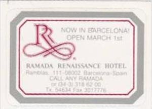 SPAIN BARCELONA RAMADA RENAISSANCE HOTEL VINTAGE LUGGAGE LABEL