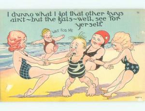 Linen Risque SEXY GIRLS PULLING ON MAN AT BEACH AB6545