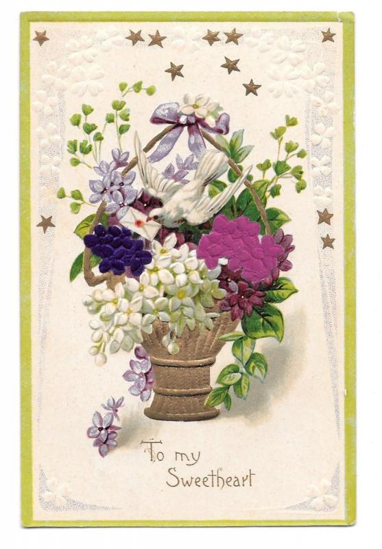 To My Sweetheart Silk Flower Add-On Dove Vintage Postcard