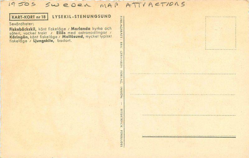 1950s Sweden Map Attractions Postcard linen 12394