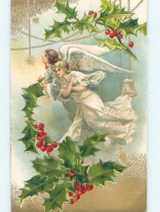 Pre-1907 christmas PAIR OF PRETTY ANGELS WITH HOLLY hk9501