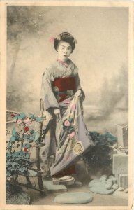 Hand Colored Postcard Japanese Woman in Kimono Geisha w/ Roses