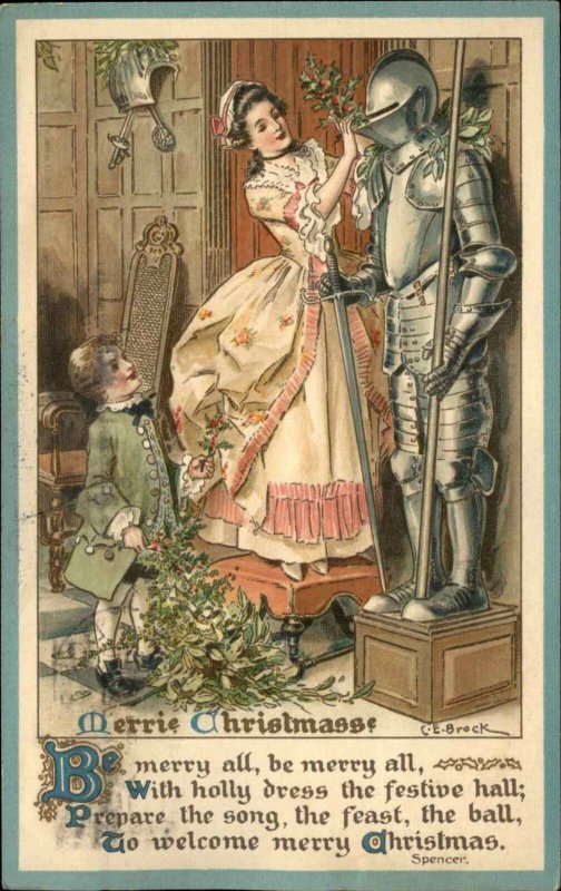 Christmas Knight's Armor Pretty Woman GE Brock Colonial Era Woman Postcard