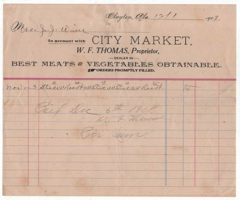 1909 Billhead, CITY MARKET, Meats, Vegetables, Clayton, Alabama 