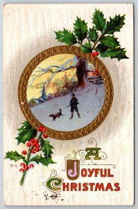 Joyful Christmas~Hunter & Dog In Gold Circle~Holly~NASH~c1910 Vintage Postcard