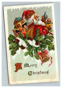Vintage 1910's Christmas Postcard Santa with Bag of Toys Gold Bell Pine Cones