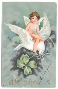 Valentine Postcard Cupid Angel Riding on Dove Shamrock 