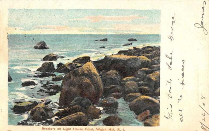 Watch Hill Rhode Island Light House Point Breakers Antique Postcard K80958