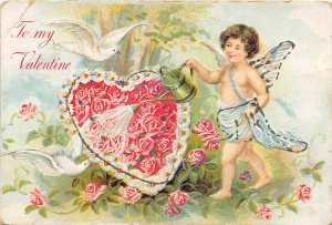 G14/ Valentine's Day Love Holiday Postcard c1910 Cupid Watering Can 3