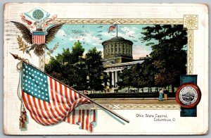 Columbus Ohio 1909 Embossed Postcard Ohio State Capitol Flag Eagle Shield