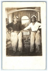 Leaving Winnipeg Canada Train Caboose Cowboy Wooly Chaps RPPC Photo Postcard