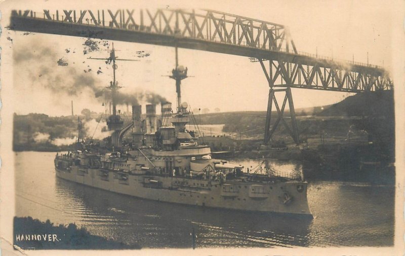 Vintage Postcard Germany Hannover ship vessel passing under bridge 