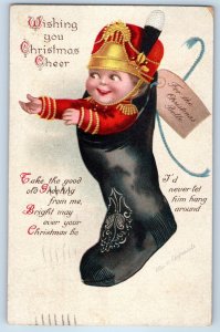 1914 Christmas Greeting Black Stocking Ellen Clapsaddle Signed Artist Postcard