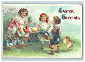 C. 1910 Lovely Kids Easter Chicks Colored Eggs Postcard P66