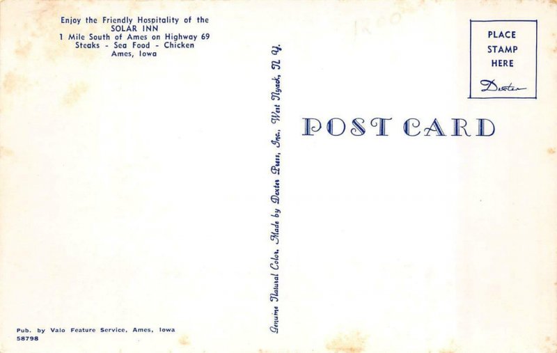 Ames, Iowa IA    SOLAR INN RESTAURANT  Story County  ROADSIDE  Vintage Postcard