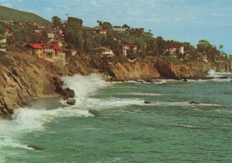 Vintage Birds eye view Laguna Beach California cliffs ocean postcard C467