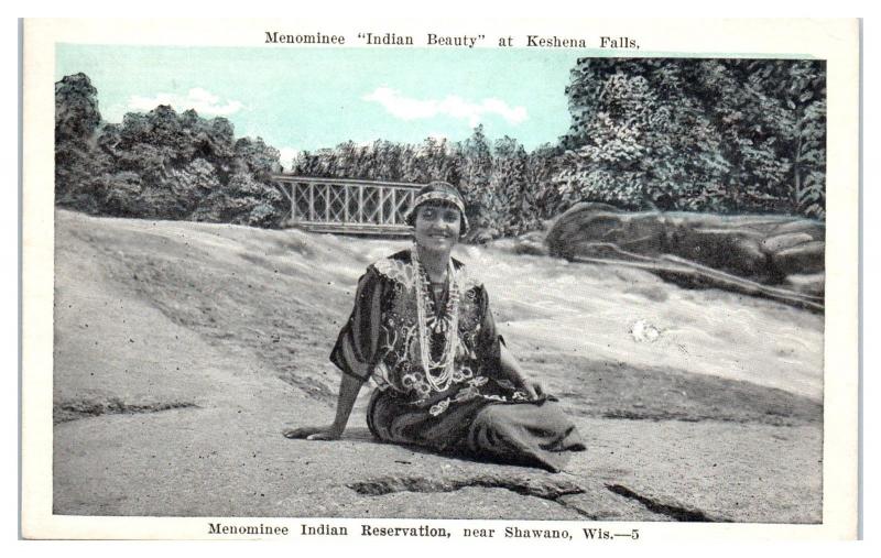 1927 Menominee Indian Beauty at Keshena Falls, near Shawano, WI Postcard 