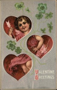 Valentine Art Nouveau Cupid Heart Shamrock Border c1910 Vintage Postcard