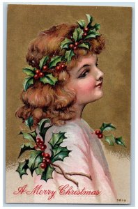 Christmas Postcard Pretty Girl Curly Hair Holly Berries Embossed c1910's Antique