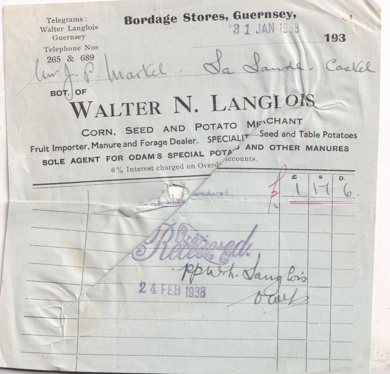 Bordage Potato Seed Fruit Stores Guernsey 1938 Receipt