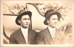 RPPC, Two Young Men, Brothers, On Running Board of Car Vintage Postcard O80