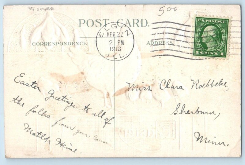 Easter Postcard Chicken Hen Baby Chicks Flowers Art Nouveau Elgin IL 1916