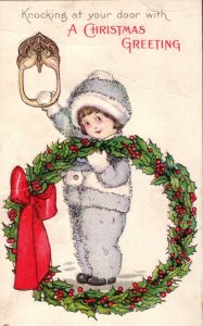 C. 1910 Child Fur Wreath Door Knocker Cute Christmas Vintage Postcard P219