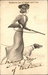 Beautiful Woman Hunting Gun Rifle Pointer Dog Glamour c1910 Postcard