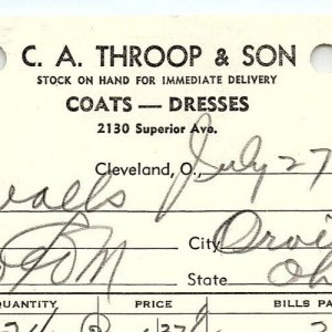 1939 C.A. THROOP & SON COATS-DRESSES CLEVELAND OHIO BILLHEAD STATEMENT Z3451