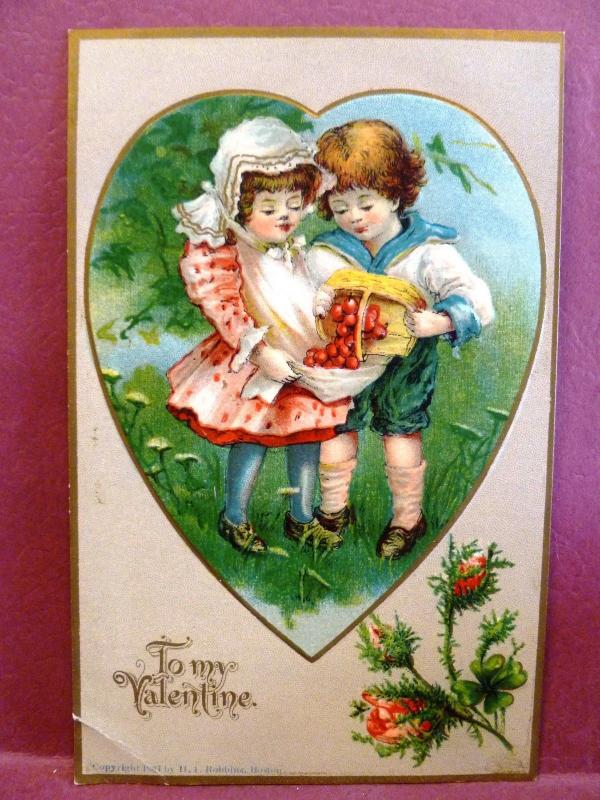 Postcard Valentine Boy and Girl Picking Cherries H.I. Robbins