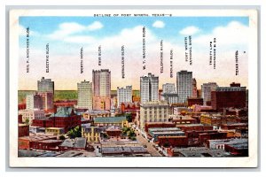 Skyline With Labeled Buildings Fort Worth TX Texas UNP Linen Postcard N18