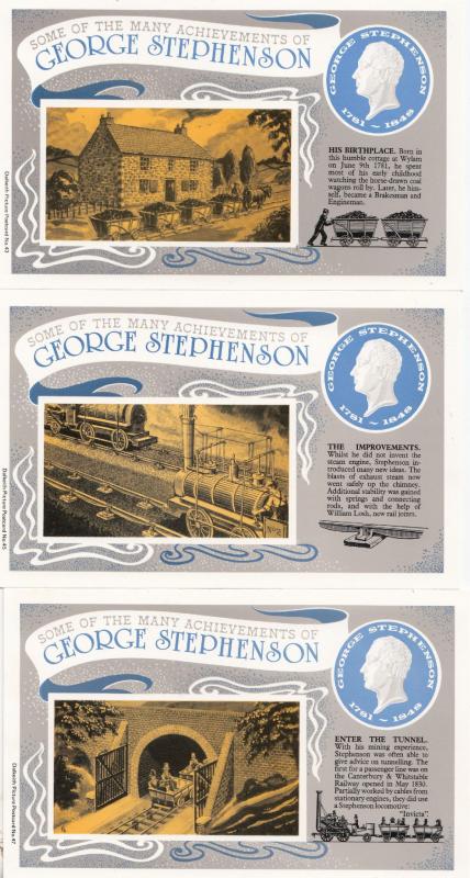 George Stephenson His Birthplace Work Tunnel 3x Train Postcard s