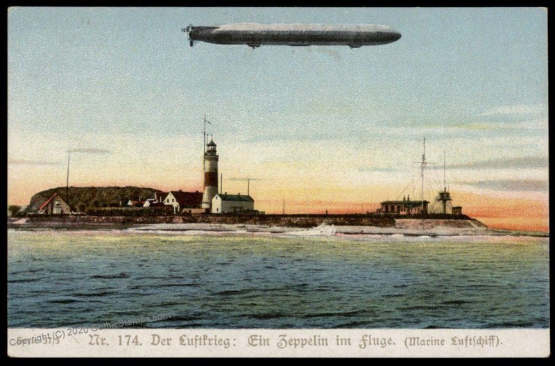 Germany WWI Marine Navy Zeppelin Airship In Flight Over Lighthouse PPC G78680