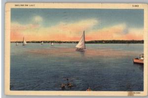 Linen Postcard-Sailing on Lake..Boat..Unknown Location