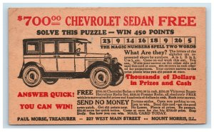 1920's Catalog Insert Postcard Chevrolet Sedan Contest Mount Morris IL Chevy