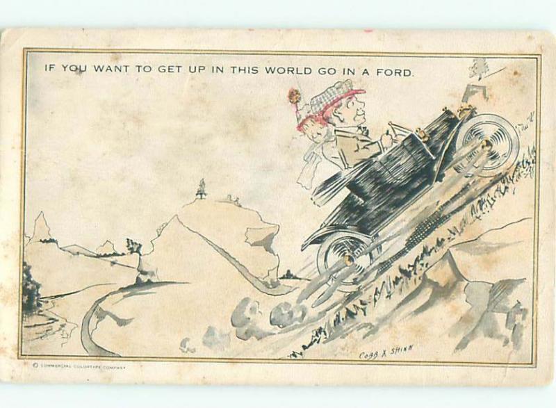 Pre-Linen Comic FORD CAR GOING UP THE HILL AB9544