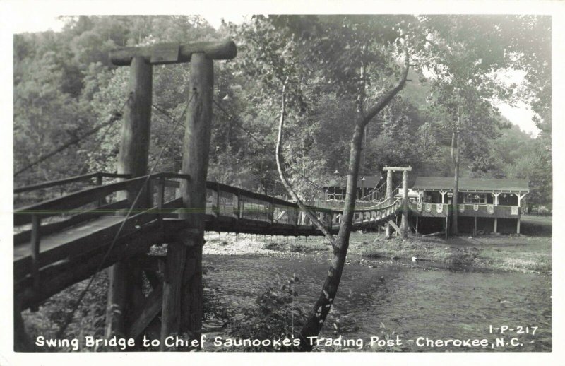 Postcard Swing Bridge to Chief Saunooke's Trading Post Cherokee NC