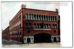 c1905 Car Barn Consolidated Street Railway Co. Worcester MA Postcard