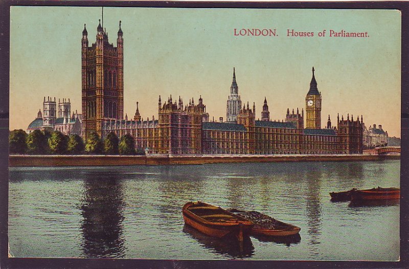 P1432 old unused postcard river boats view houses of parlliament london england