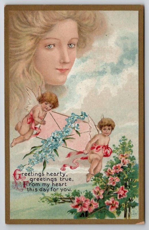 Cherub & Beautiful Woman's Face Clouds Fantasy Series 57 Emb #10 Postcard O30