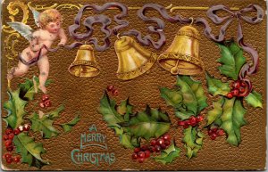 Vtg 1910s Cherub Ringing Gold Bells Holly Bough Christmas Greetings Postcard