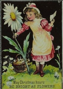 1880's Victorian Christmas Card Lovely Girl Giant Daisy P79