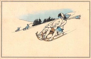 Winter Scene People Riding Sled Down Hill Vintage Postcard AA54007