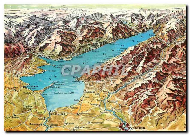 Postcard Modern geographical map of Lake Garda