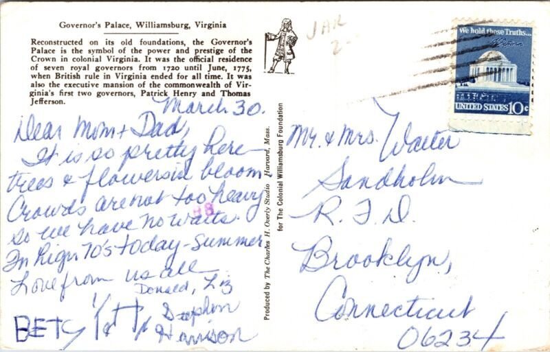 Governors Palace Williamsburg Virginia VA Postcard Cancel WOB Note VTG Vintage