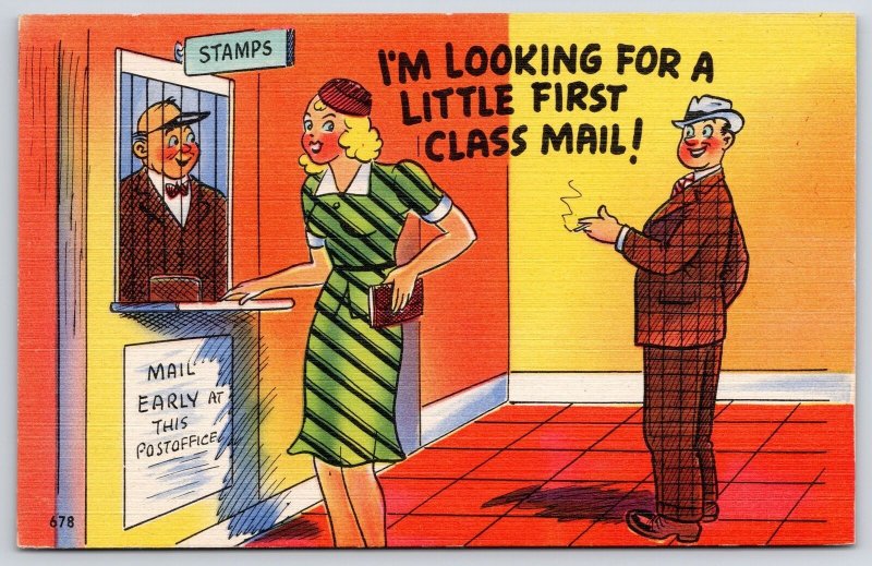 Woman In The Post Office Looking For A Little First Class Mail Comic Postcard