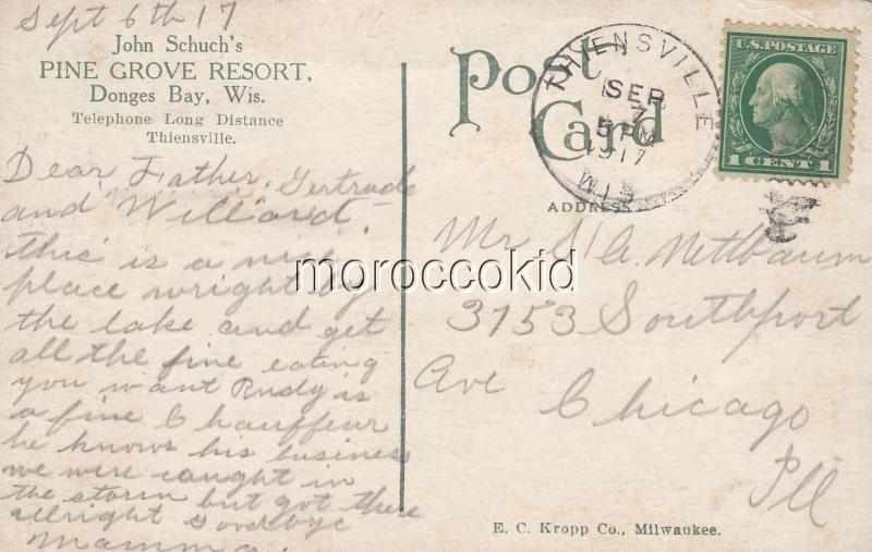 DONGES BAY WI 1917 USED PC (NEAR THIENSVILLE) SCHUCH'S PINE GROVE RESORT MULTI
