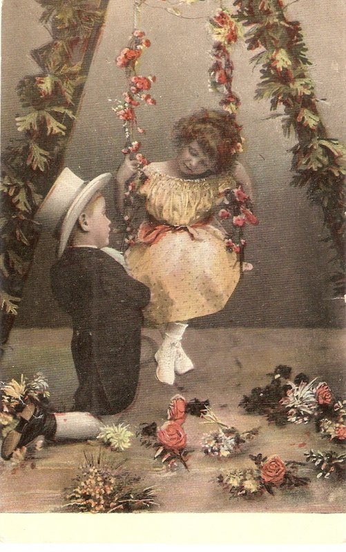 Children couple. Romance on the swing..  Old vintage German postcard