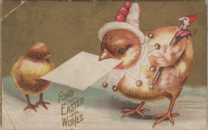 Easter Wishes Dressed Chick Humanized Fantasy Clown Jester Gold postcard G267 