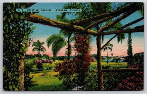Leesburg Florida~Venetian Garden Islands~Bridge~Flowers~Linen 1940s Postcard